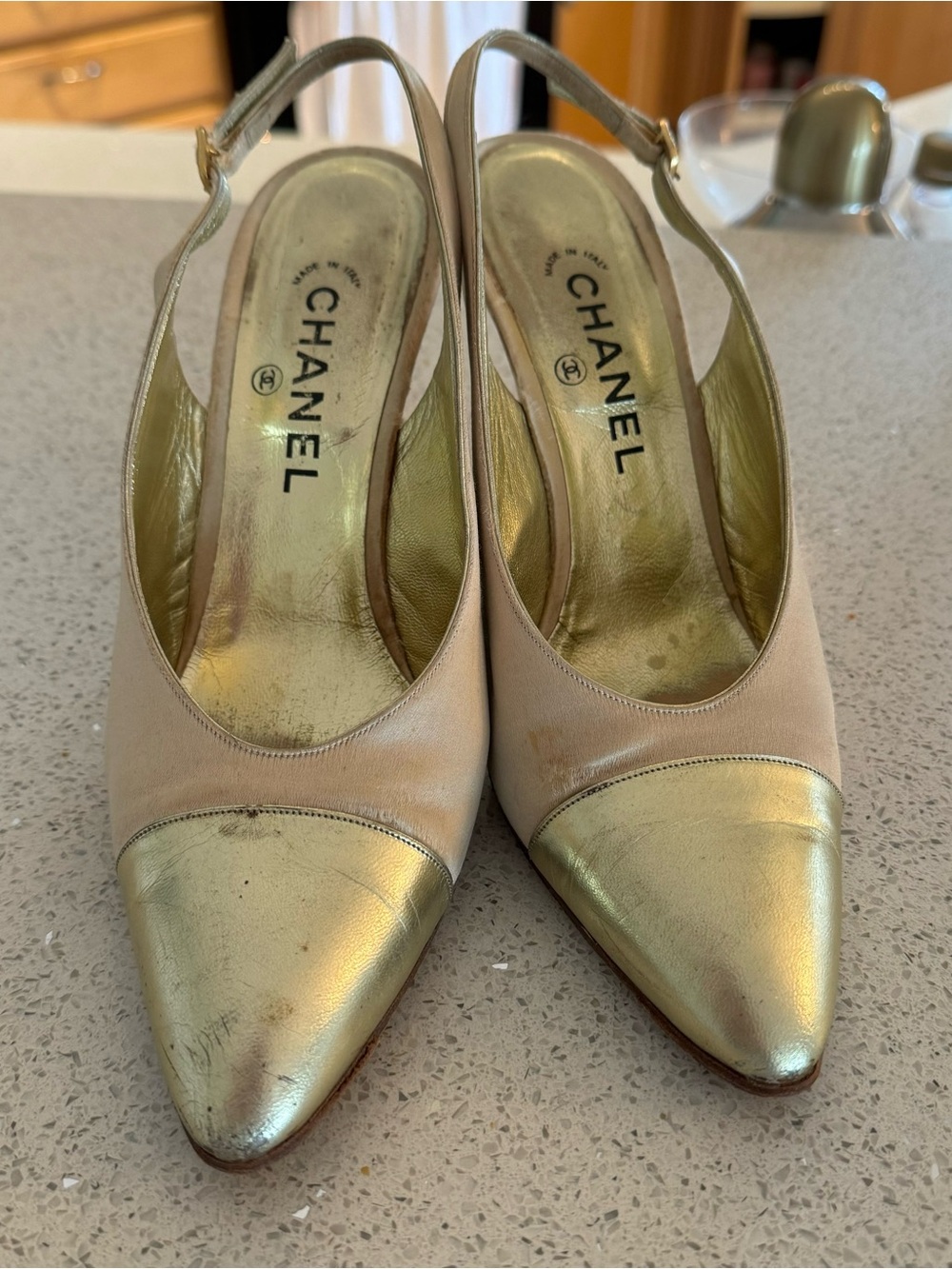 VINTAGE Chanel Champagne Satin and Gold Leather Slingback Pumps